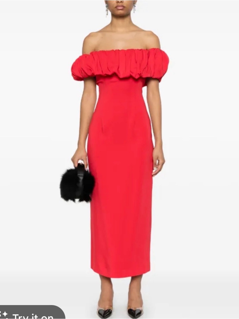 Rowen Rose Off-Shoulder Red Ruffle Bardot Column Dress